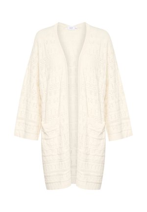 Kerge kreemja värvusega kardigan avatud eesmine osa, millel on tekstuuriline lillemuster ja kaks esitaskut. Pikad varrukad, millel on mugav lõige.