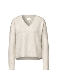 Maglione a maglia color beige chiaro con scollo a V, texture a coste e spalle cadenti. Lunghezza cropped e maniche lunghe. Tessuto morbido.