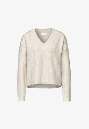 Strickpullover in hellbeige mit V-Ausschnitt, geripptem Muster und überschnittenen Schultern. Kürzere Länge und lange Ärmel. Weicher Stoff.