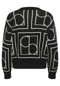 Czarny sweter dziewiarski z białym geometrycznym wzorem składającym się z kwadratów i okręgów, z okrągłym dekoltem oraz ściągaczami przy mankietach i u dołu.