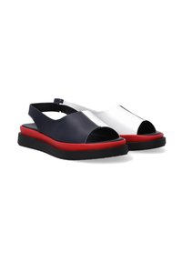 Black and red sandals with an open toe, featuring navy and white leather straps, a cushioned sole, and a slingback design.