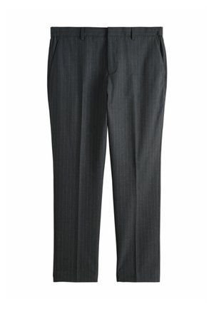 Dark gray dress pants with subtle pinstripes, belt loops, side pockets, and front crease detailing.