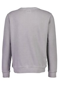 Felpa grigia con colletto tondo, in misto cotone, texture morbida, maniche lunghe, polsini e orlo a coste. La vista posteriore mostra un design liscio senza decorazioni.