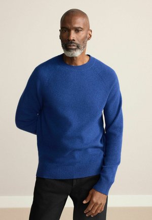 Blauer Strickpullover mit Rundhalsausschnitt, ausgestattet mit gerippten Bündchen und Saum, aus weichem Material gefertigt. Das Modell posiert mit den Händen hinter dem Rücken.