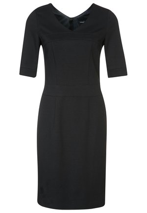 Schwarzes knielanges Kleid mit halblangen Ärmeln, V-Ausschnitt, tailliertem Schnitt und dezenten Nahtdetails vorne und an den Ärmeln.