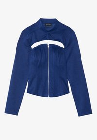 Navy blue jacket made from smooth fabric, featuring long sleeves, a cropped design, and a front zipper with a cutout detail at the chest.