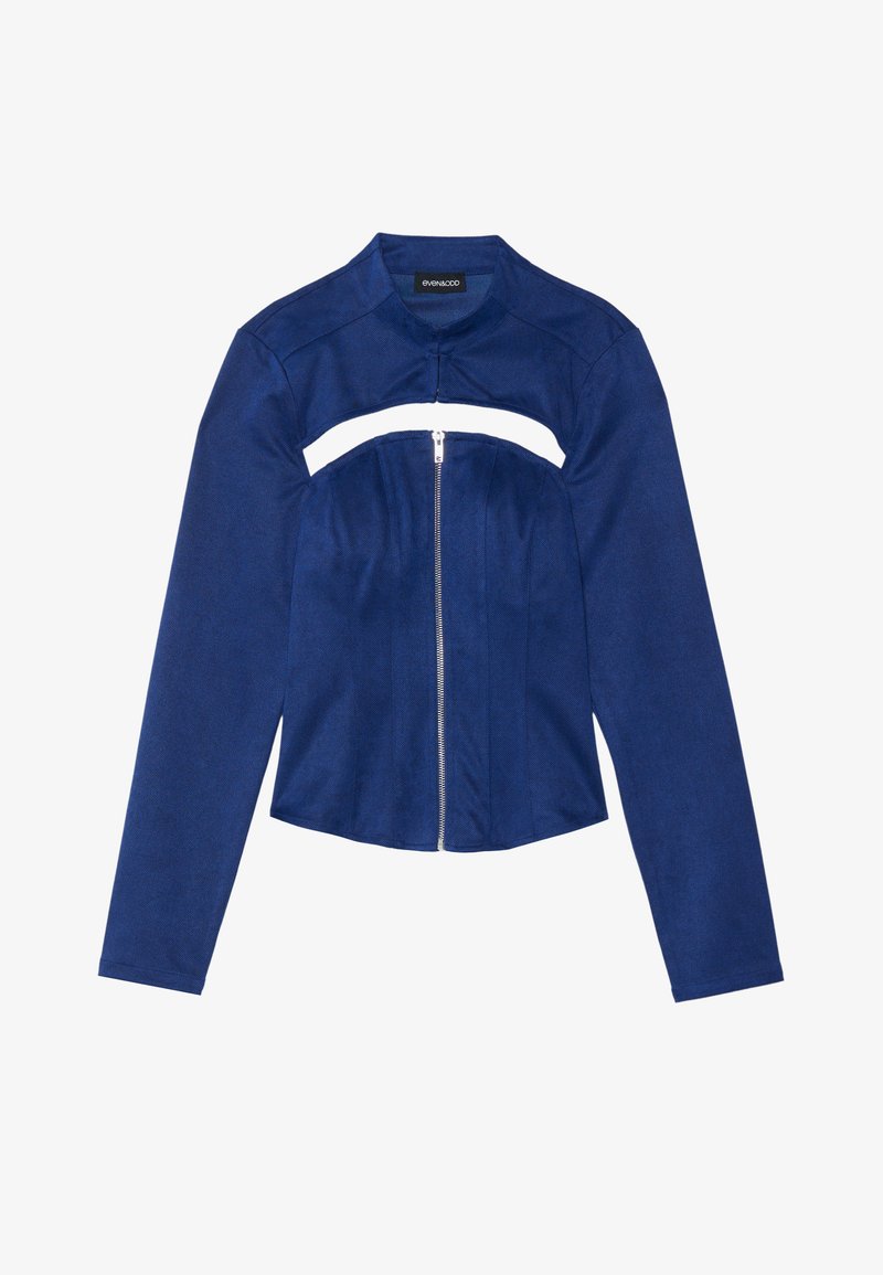Navy blue jacket made from smooth fabric, featuring long sleeves, a cropped design, and a front zipper with a cutout detail at the chest.