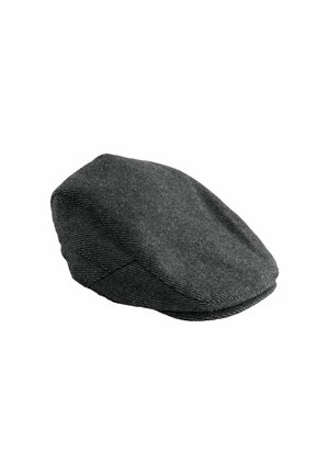 Grå flad cap lavet af struktureret stof med subtile striber, der har en rund top og en buet skygge.