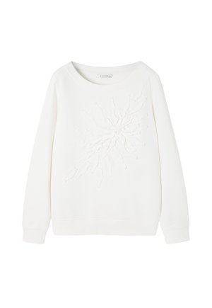 Fehér pulóver, középen strukturált, kiemelkedő mintával, mely napfényrebomlásra hasonlít. Kerek nyakú és hosszú ujjú, bordázott mandzsettával.