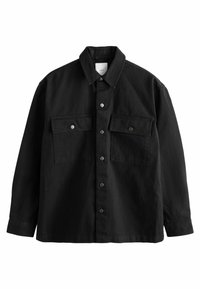 Zwart katoenen overhemdjack met een knoopsluiting aan de voorkant, twee borstzakken en een klassieke kraag. Voorzien van zilveren knopen en een ontspannen pasvorm.