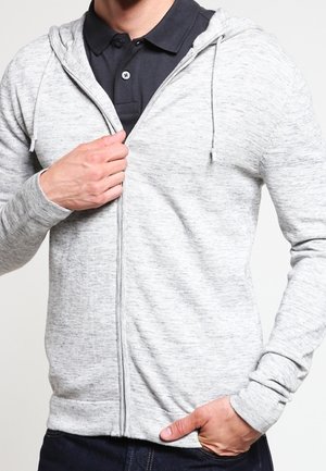 Hellgrauer Reißverschluss-Hoodie aus weichem Stoff mit melierter Textur, ausgestattet mit einem vorderen Reißverschluss und einer Kordelzugkapuze, kombiniert mit einem dunklen Polo.