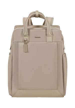 Beige rectangular backpack with dual handles, front zip pocket, side pockets, and Samsonite logo on smooth leather surface.