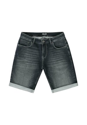 Donker denim shorts met een opgerolde zoom, voorzien van vijf zakken en een knoopsluiting. Gladde textuur met subtiele vervagingsdetails.