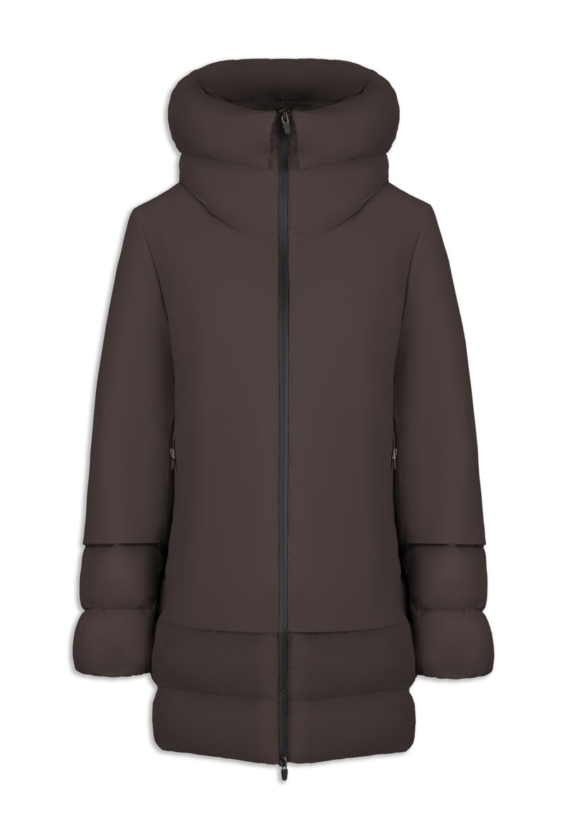 Dlouhá tmavě hnědá péřová bunda s vysokým límcem, celopropínacím zipem a širokými, polstrovanými rukávy. Hladká, matná tkanina bez viditelných vzorů.