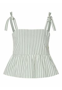Top peplum ligero, a rayas verdes y blancas, con tirantes ajustables y un dobladillo acampanado. Tejido texturizado con líneas verticales.