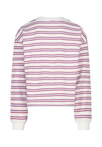 Cropped white sweatshirt with red and purple horizontal stripes. Features ribbed cuffs and neckline, smooth texture, and casual design.