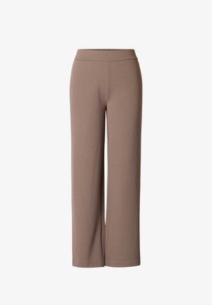 Bruine, wijde broekspijpen gemaakt van zacht, rekbaar materiaal met een gladde textuur en een hoge tailleband, met een eenvoudig, onversierd ontwerp.