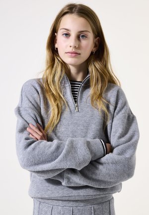 Pull en polaire gris avec un col zippé mi-hauteur, des poignets côtelés et une texture douce. Porté par-dessus une chemise à rayures noir et blanc.