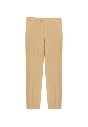 Beige mannenbroek van gladde stof met een slim fit, voorzien van riemlussen, zijzakken en een vlakke voorkant.
