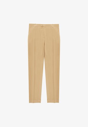 Pantalons pour hommes beiges en tissu lisse avec une coupe slim, dotés de passants de ceinture, de poches latérales et d'un design à plat à l'avant.