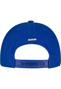 Blue baseball cap with a textured fabric, featuring a snapback closure and a metal accent with the word "PROME." Smooth, structured design.