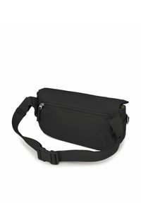Borsa a tracolla in tessuto nero con forma rettangolare, chiusura con zip, tracolla regolabile e fibbia per un facile fissaggio.