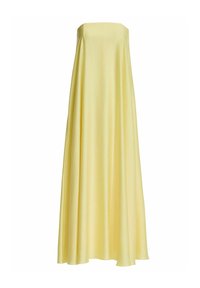 Robe longue fluide sans bretelles en satin jaune pâle, au tissu lisse et brillant.
