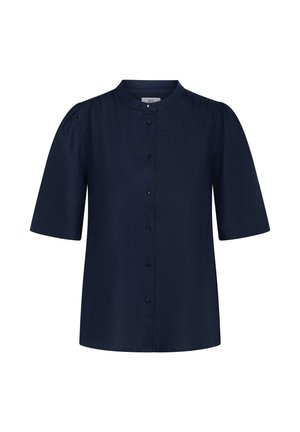 Camicia a maniche corte blu navy con bottoni frontali, scollatura rotonda e trama sottile. Presenta maniche a palloncino e dettagli scuri sui bottoni.