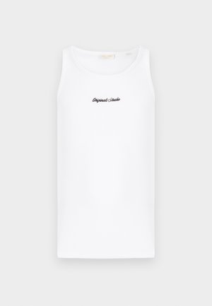 White tank top made of cotton, featuring a round neckline and a fitted shape. It has a black cursive logo on the front.