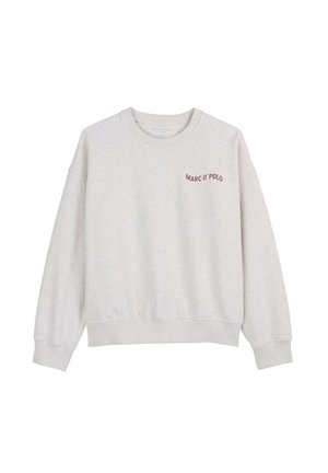 Helles graues Sweatshirt mit Rundhalsausschnitt, gerippten Bündchen und Saum. Auf der linken Brust befindet sich ein kleines Logo in burgunderrot. Hergestellt aus weichem Material.