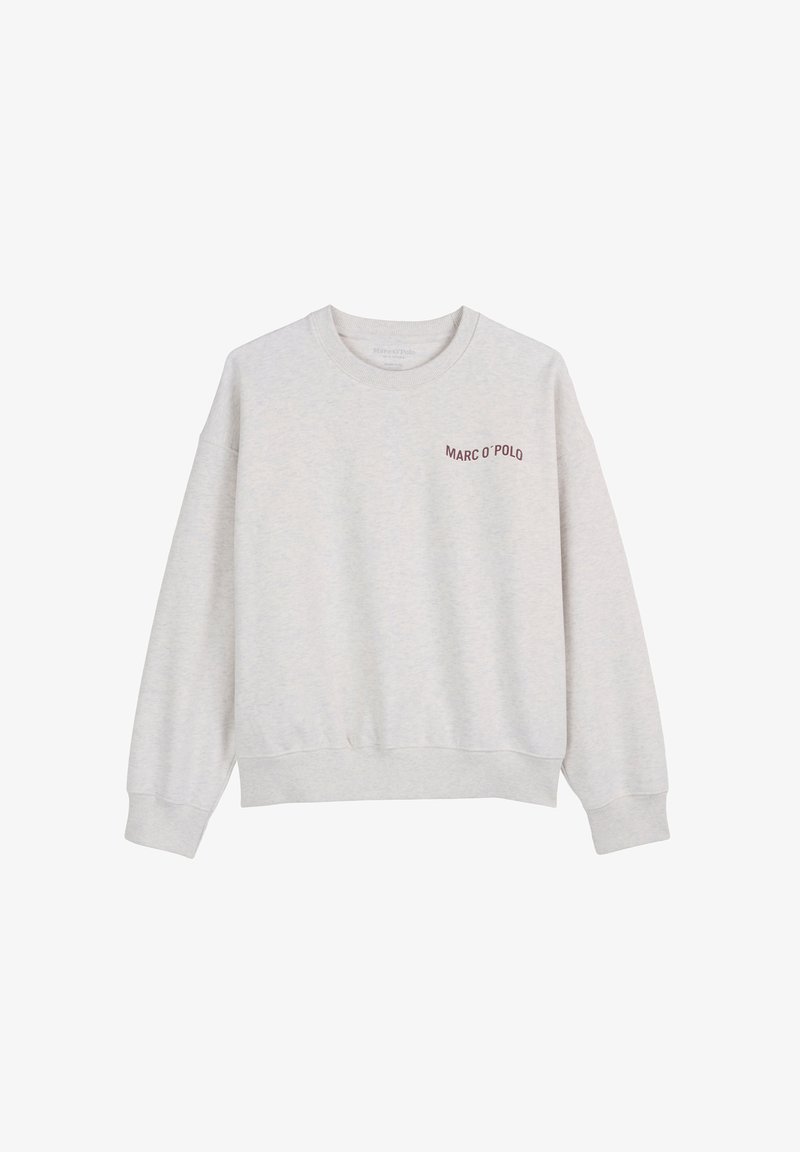 Jasnoszara bluza z okrągłym dekoltem, ściągaczami przy mankietach i u dołu. Posiada małe burgundowe logo tekstowe na lewej piersi. Wykonana z miękkiego materiału.