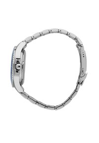 Silver metal wristwatch with a rectangular case, blue face, and linked band. Features a textured bezel and a crown on the side.