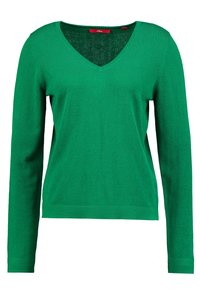 Grüner Langarm-Pullover mit V-Ausschnitt, hergestellt aus weichem, gestricktem Material. Glatte Textur und einfarbig, mit einem dezenten Saumabschluss.