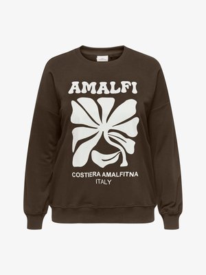Hnedá mikina s bielym abstraktným kvetinovým vzorom a textom "AMALFI" a "COSTIERA AMALFITNA ITALY" na prednej strane.