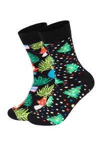 Socks i bomullsblandning med en svart bakgrund och färgglada julmönster: ena sidan har träd och prickar; den andra sidan har svampar och lövverk.