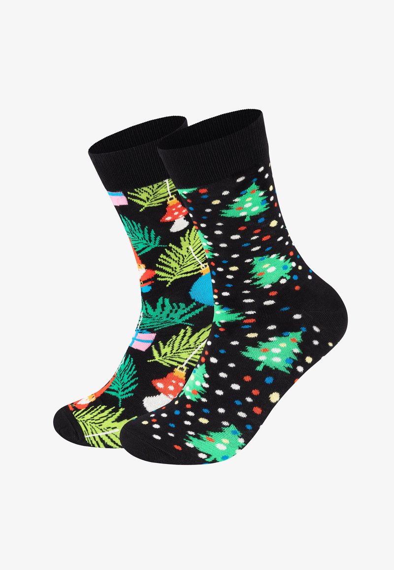 Kokvilnas apavu zeķes ar melnu fonu un krāsainiem svētku rakstiem: vienā pusē ir koki un punktiņi; otrā pusē ir sēnes un lapas.