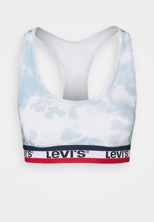 Světle modrá sportovní podprsenka s efektivním tie-dye vzorem, vyrobená z měkké tkaniny, s širokým elastickým pásem s černými a červenými akcenty, a s designem na zádech racerback.