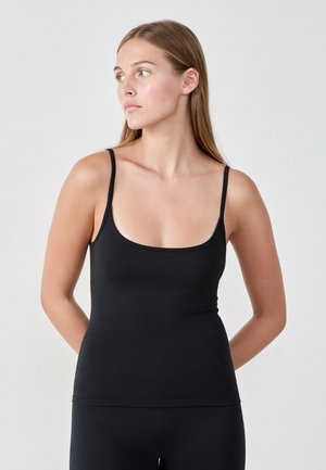 Black fitted tank top with thin straps, scoop neckline, and smooth texture. Designed for casual wear with a close-to-body fit.