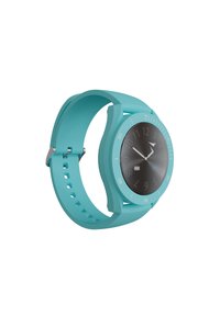 Montre en silicone turquoise avec un cadran noir rond, marqueurs des heures blancs et matériel en argent. Dotée d'un bracelet texturé avec des trous de ventilation.