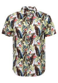 Camicia a maniche corte con bottoni di colore bianco, caratterizzata da un motivo tropicale di foglie e fiori colorati. Realizzata in tessuto leggero con una texture liscia.