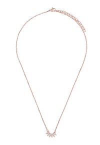 Collana in oro rosa con una catena delicata e un pendente a forma di ventaglio, impreziosito da cristalli e da piccole pietre affusolate.