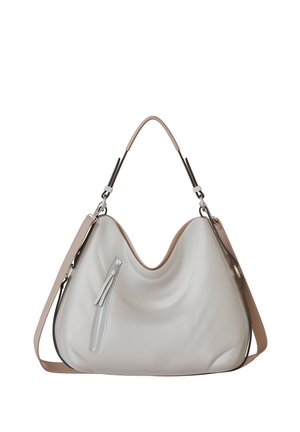 Weißes Lederhandtasche mit einem weichen, drapierten Design. Verfügt über einen beigen Schultergurt und eine Reißverschlusstasche an der Seite für zusätzliche Funktionalität.