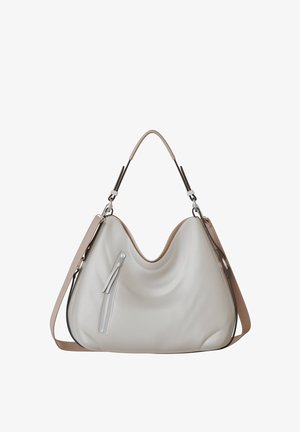 White leather handbag with a soft, draped design. Features a beige shoulder strap and a zip pocket on the side for added functionality.
