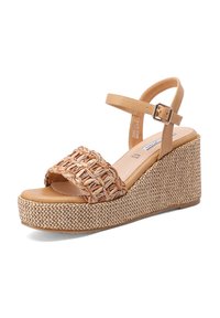 Sandalette a piattaforma intrecciata con cinturino naturale, tomaia in pelle beige e dettagli intrecciati. Presenta un tacco a zeppa avvolto in juta.