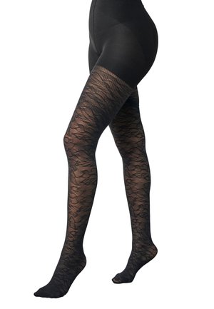 Collants noirs à motifs avec un design floral en texture semi-opaque et une finition transparente. La coupe taille haute met en valeur les jambes.