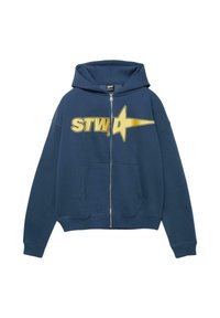 Navy blue zip-up hoodie with front pockets and a gold "STWD" logo featuring a star shape across the chest.