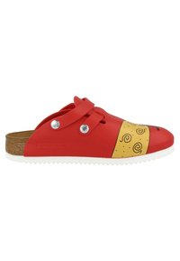 Red rubber clogs with a yellow patterned toe, featuring two silver buttons. Cork footbed and white sole provide contrast.