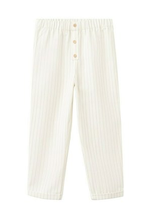 Pantalon blanc à fines rayures grises verticales, taille élastique, trois boutons en bois à l'avant et ourlets retroussés.