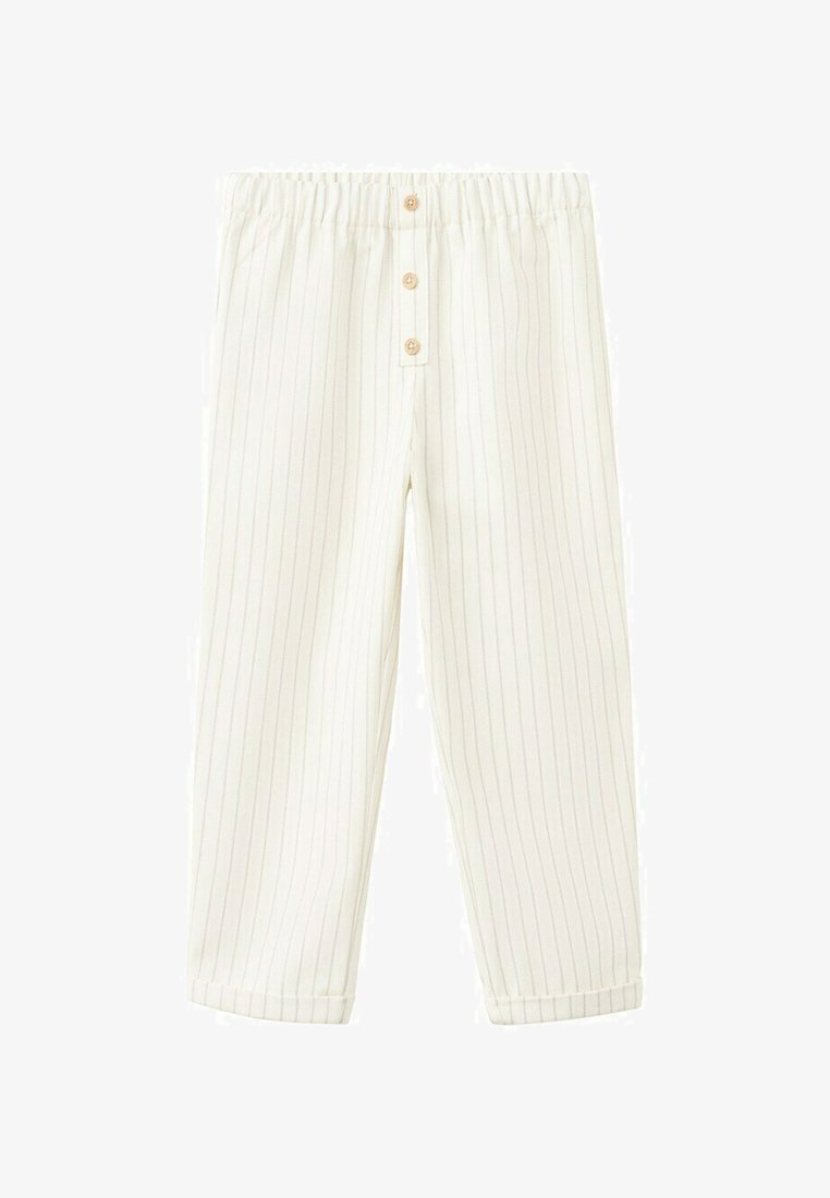 Pantalon blanc à fines rayures grises verticales, taille élastique, trois boutons en bois à l'avant et ourlets retroussés.