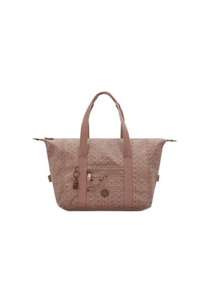 Quilted, pale pink bag with dual handles, a front zipper pocket, and decorative hardware. Textured surface with diamond pattern details.
